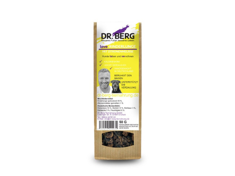 Suszone wołowe płuca z melisą, przysmaki dla psów (50g), Dr.BERG