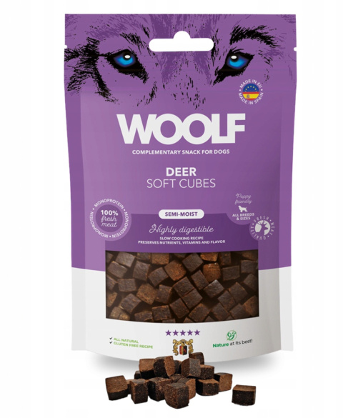 Monoproteinowe smakołyki dla psa, miękkie kosteczki z jelenia 100 g. WOOLF Monoproteinowe smakołyki dla psa, miękkie kosteczki z jelenia 100 g. WOOLF