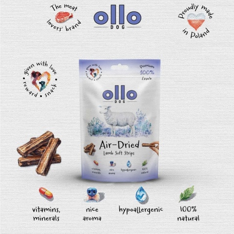Przysmaki funkcyjne dla psa, mięsne paski z jagnięciny 80g. Air-Dried Lamb Strips, OLLO