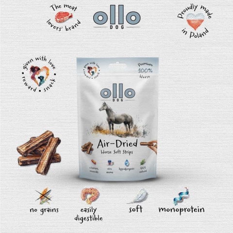Przysmaki funkcyjne dla psa, mięsne paski z koniny 80g. Air-Dried Horse Strips, OLLO