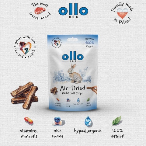 Przysmaki funkcyjne dla psa, mięsne paski z królika 80g. Air-Dried Rabbit Strips, OLLO