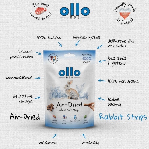 Przysmaki funkcyjne dla psa, mięsne paski z królika 80g. Air-Dried Rabbit Strips, OLLO