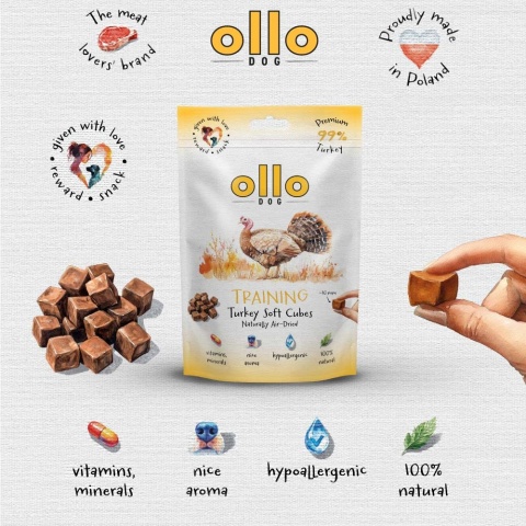 Przysmaki treningowe dla psa z indyka 80g. Air-Dried Training Turkey Soft Cubes, OLLO