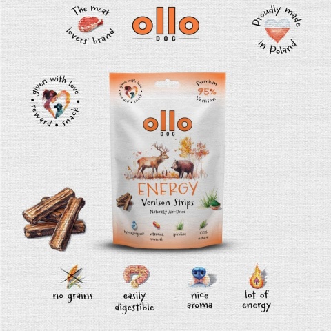Przysmaki funkcyjne dla psa, mięsne paski z dziczyzny 80g. Air-Dried Energy Venision Strips, OLLO
