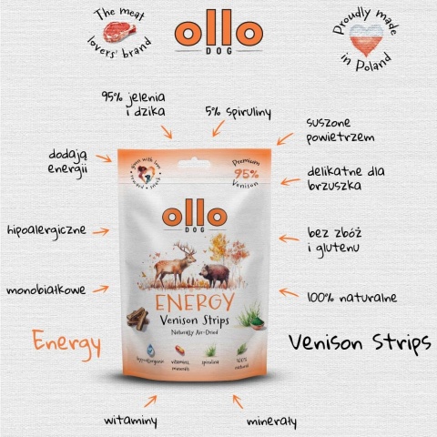 Przysmaki funkcyjne dla psa, mięsne paski z dziczyzny 80g. Air-Dried Energy Venision Strips, OLLO
