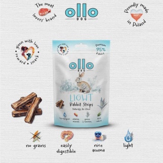 Przysmaki funkcyjne dla psa, mięsne paski z królika 80g. Air-Dried Light Rabbit Strips, OLLO