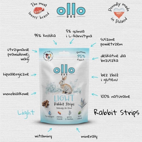 Przysmaki funkcyjne dla psa, mięsne paski z królika 80g. Air-Dried Light Rabbit Strips, OLLO