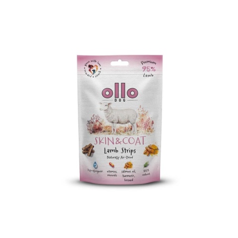 Przysmaki na skórę i sierść dla psa, mięsne paski z jagnięciny 80g. Air-Dried Skin & Coat Lamb Strips, OLLO