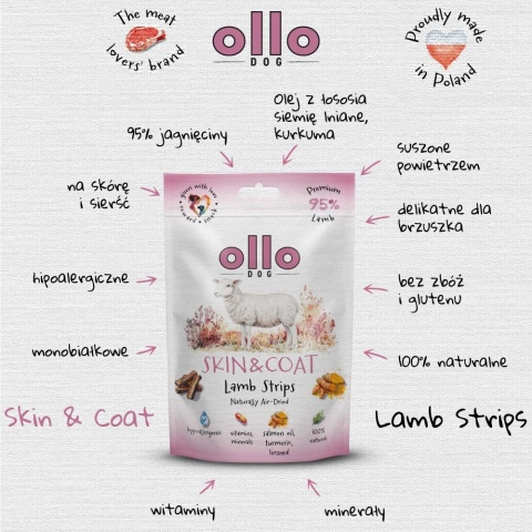Przysmaki na skórę i sierść dla psa, mięsne paski z jagnięciny 80g. Air-Dried Skin & Coat Lamb Strips, OLLO