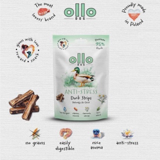 Przysmaki wyciszające stres dla psa, mięsne paski z kaczki 80g. Air-Dried Anti-Stress Duck Strips, OLLO