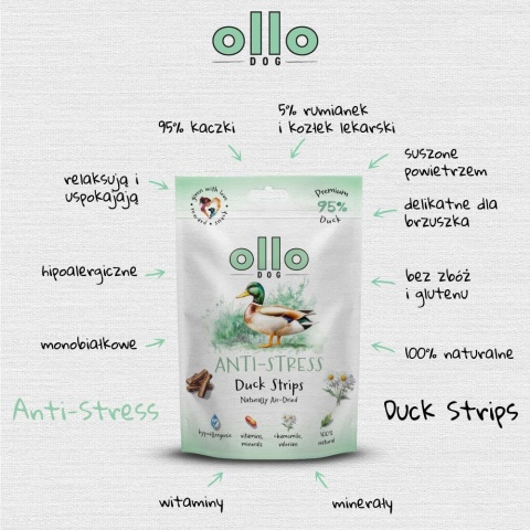 Przysmaki wyciszające stres dla psa, mięsne paski z kaczki 80g. Air-Dried Anti-Stress Duck Strips, OLLO