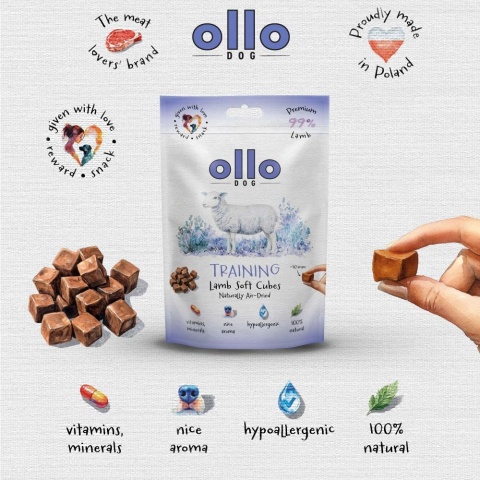 Przysmaki treningowe dla psa z jagnięciny 80g. Air-Dried Training Lamb Soft Cubes, OLLO